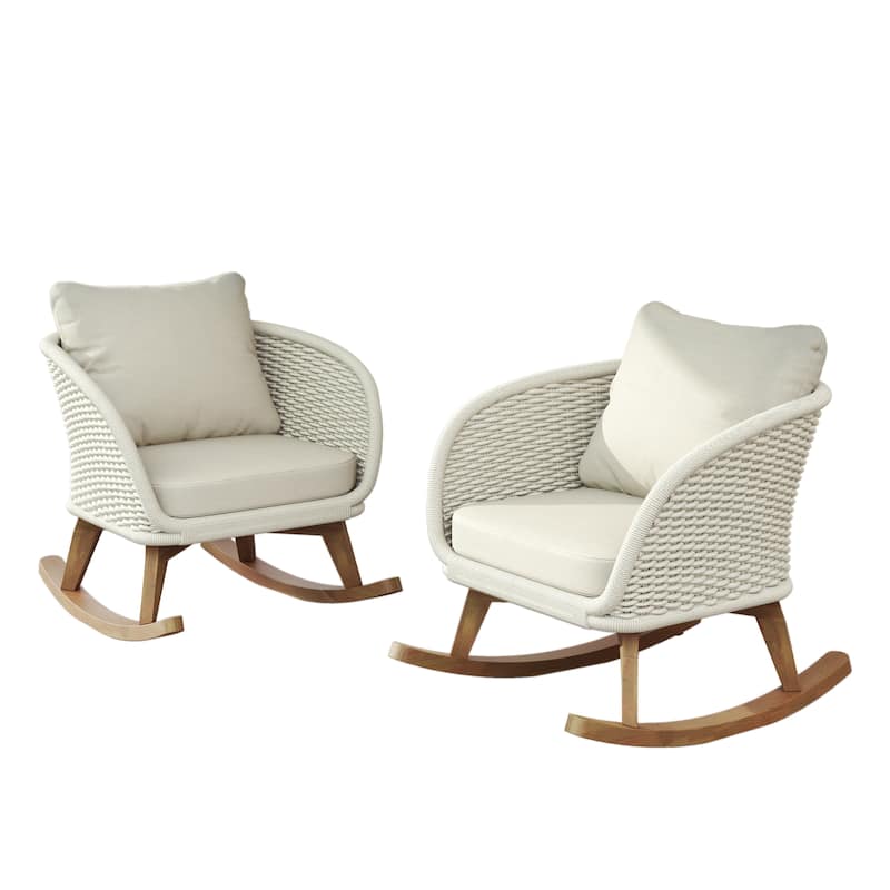 [Set of 2] 29.5" Contemporary Minimalist Wicker Rocking Chair with Soft Polyester Cushions and Durable Wooden Frame