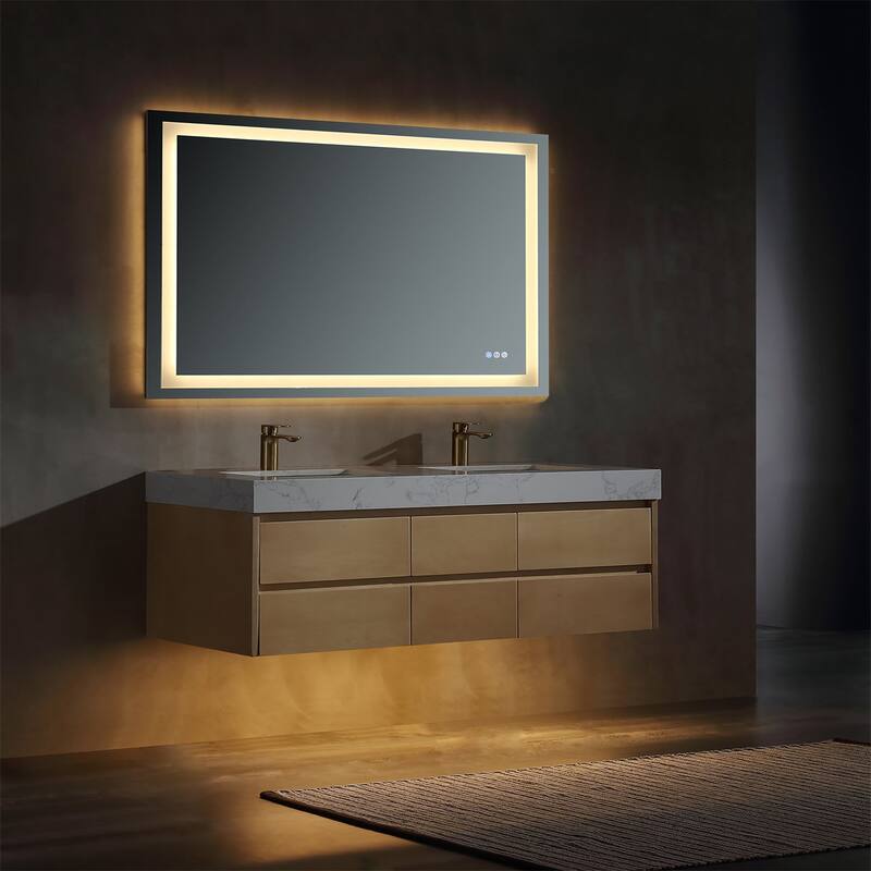 48 in./ 60 in. Solid Wood Wall-Mounted Bathroom Vanity Set in Maple with Engineered Stone Top and Ceramic Sink