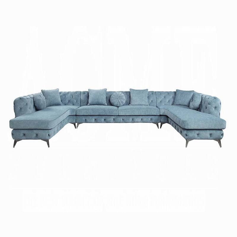 Ronia U Sectional Sofa, 7 Throw Pillows, Tufted Blue Fabric, 164 Inch