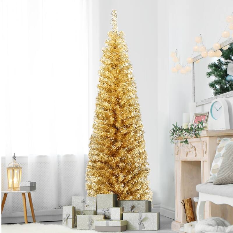 Gymax 6ft Pencil Artificial Christmas Tree (Blue/Champagne/Silver) - See Details - Gold