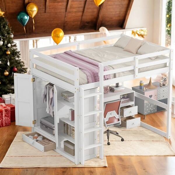 slide 2 of 30, Wood Full Size Loft Bed with Built-in Wardrobe,Desk,Storage Shelves and Drawers For Home White