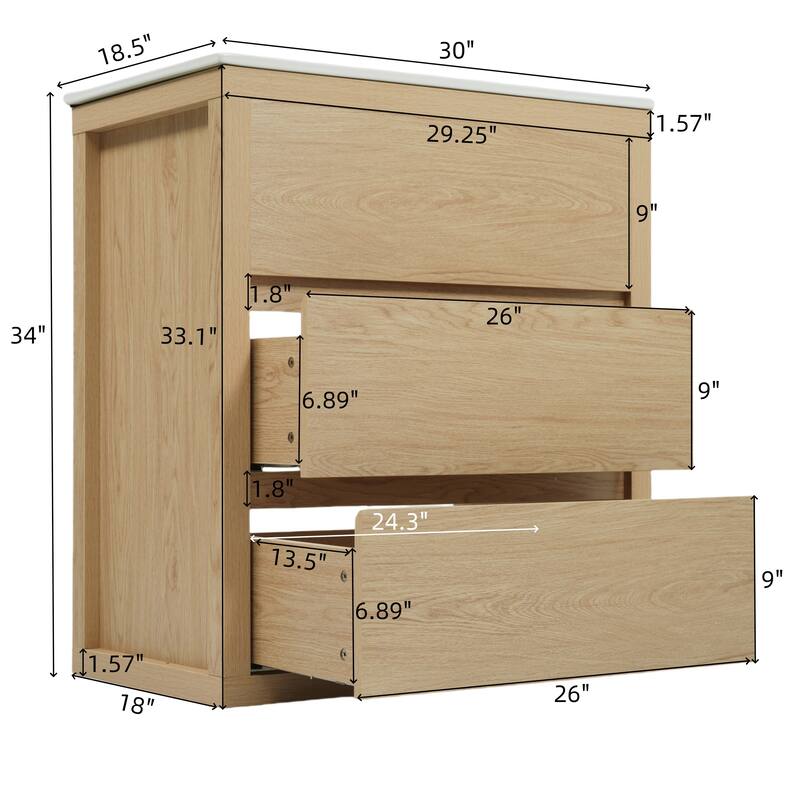 30" Vanity with Sink and 2 Full-Extension Drawers,Freestanding Vanity with 45°,Soft Close Undermount Drawer Slides
