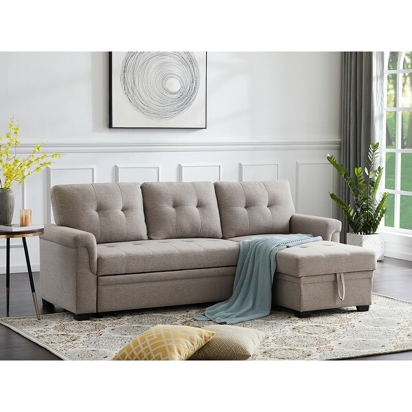 Linen Reversible Sleeper Sectional Sofa with Storage Chaise Bed