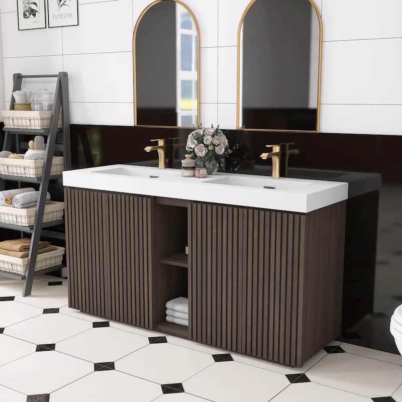 59.6'' Freestanding Bathroom Vanity with White Integrated Solid Surface Sink in Smoked Oak - 59.49'' x 19.11'' x 36.45''