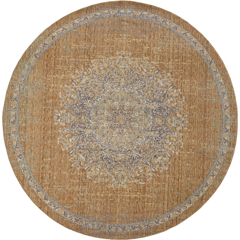 Gracewood Hollow Wool Vintage Medallian Oriental Area Rug - 9' Round - Gold