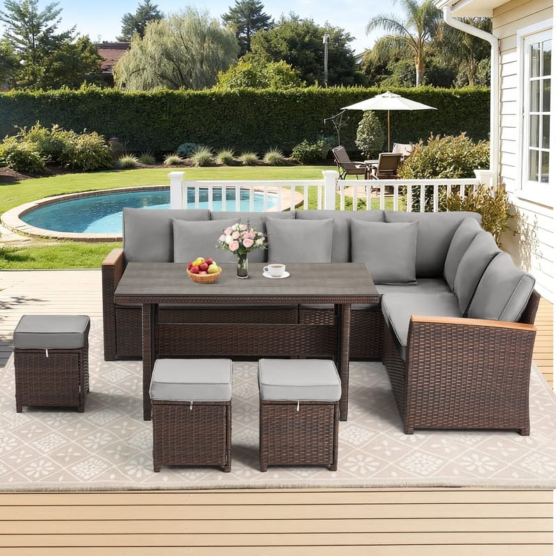 7-Piece Outdoor Sectional Set w/ Dining Table – All-Weather PE Rattan Patio Furniture for Garden, Poolside & Backyard