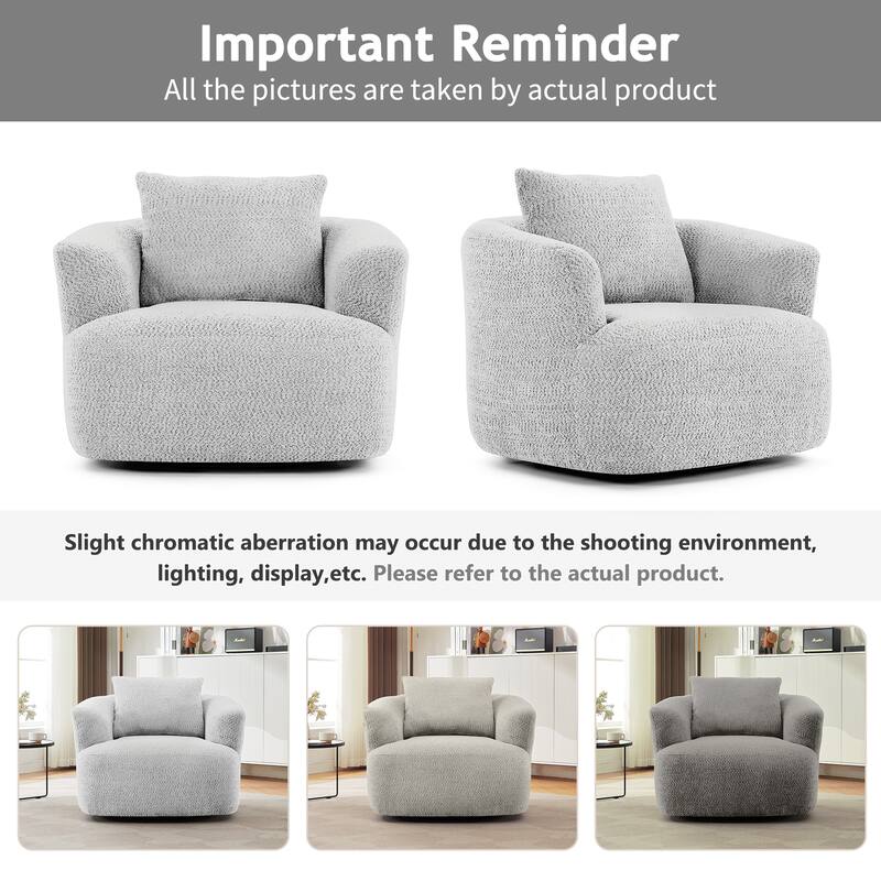 Roomfitters Modern 360 Degree Swivel Barrel Accent Chair with Pillow, Soft Boucle Fabric, Light Gray