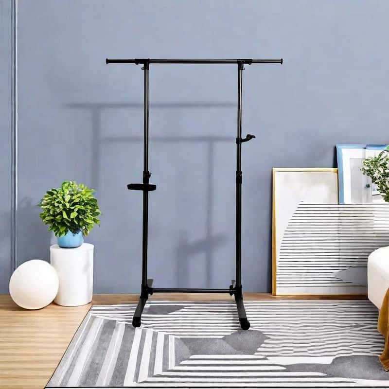 Short Clothing Racks for Hanging Clothes with Bottom Shelves and Wheels