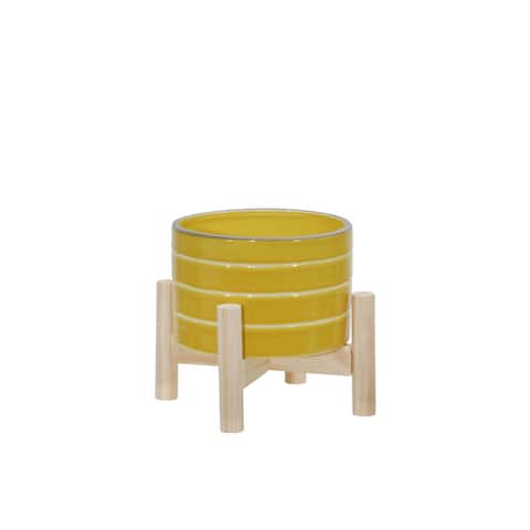 6" Ceramic Striped Planter W/ Wood Stand, Yellow - 6Lx6Wx7D