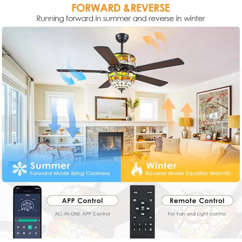 50" TiffanyTropical Ceiling Fan with 5 Palm Leaf Bllades and Vintage Cover Waterproof for Indoor and Outdoor Patio