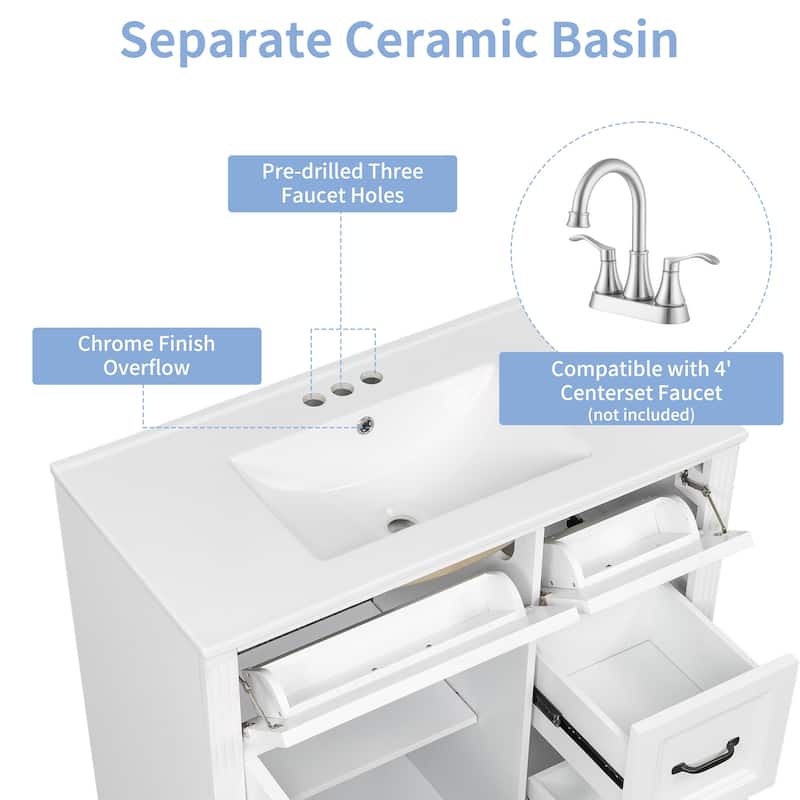 36" Bathroom Vanity with Ceramic Sink, 4 Drawers, Soft-Close Door and Adjustable Shelf, Modern Storage Cabinet