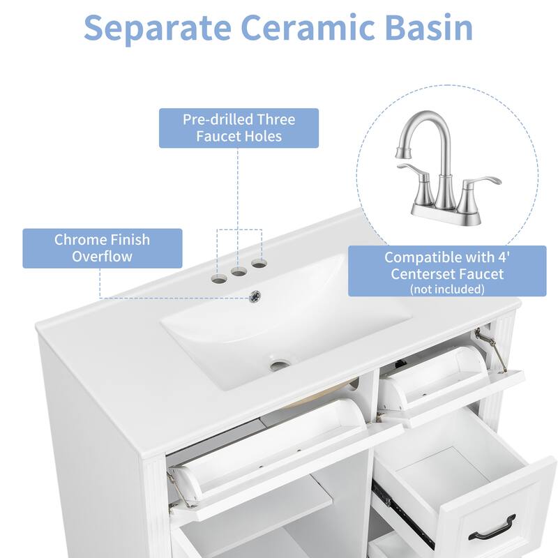 36 Inch Wall-Mounted Bathroom Vanity with Sink, 4 Soft-Close Drawers & Adjustable Shelf