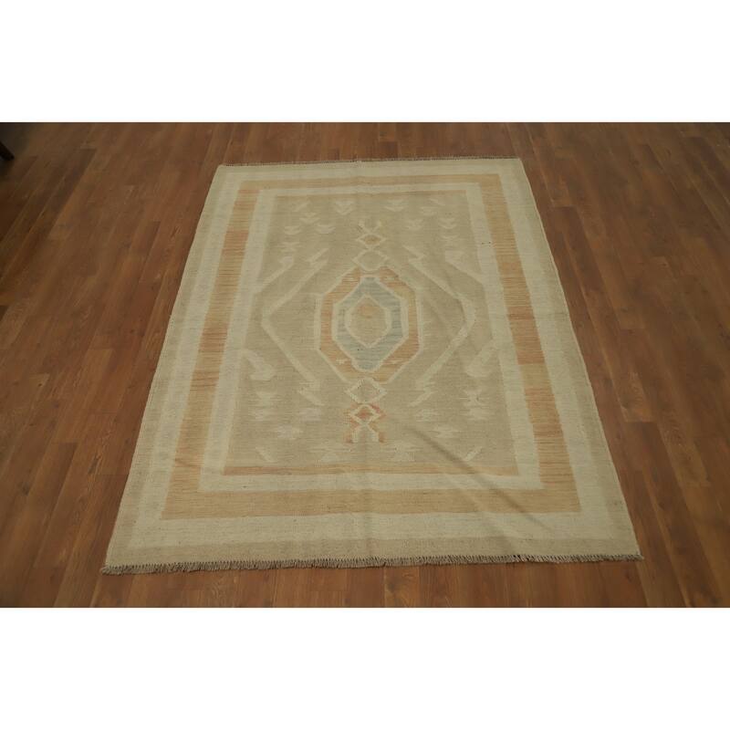 Hand Woven Oriental 100% Wool Carpet Southwestern Tribal Brown Kilim Area Rug - 5' 8'' X 4' 3''