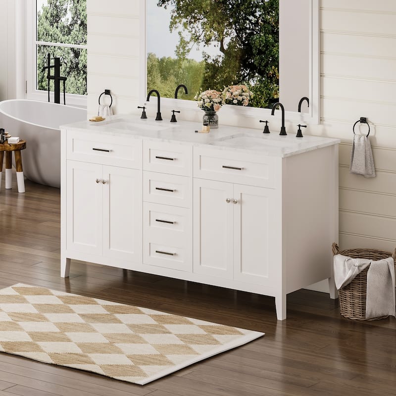 EROMMY All-in-One Bathroom Vanity with Ceramic Sink, Soft-Close Storage Cabinet & Drawer, Glossy Countertop, White