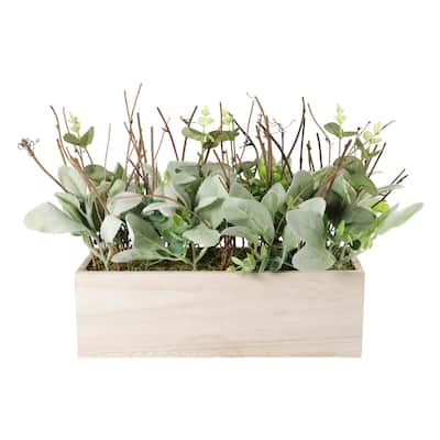 11" Lambs Ear Centerpiece with Twigs & Greenery Leaves in Wood Planter