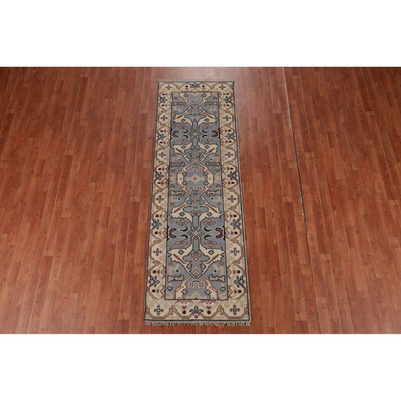 Blue Oushak Oriental Runner Rug Handmade Floral Wool Carpet - 2'7"x 8'0"