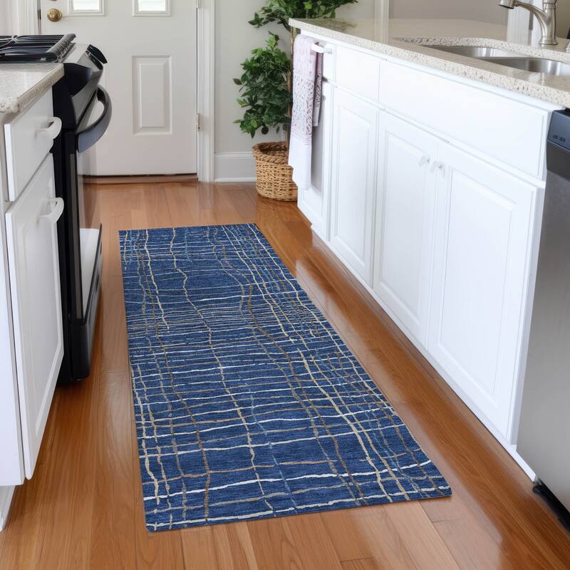 Machine Washable Indoor/ Outdoor Modern Century Chantille Rug - Navy - 2'3" x 7'6"
