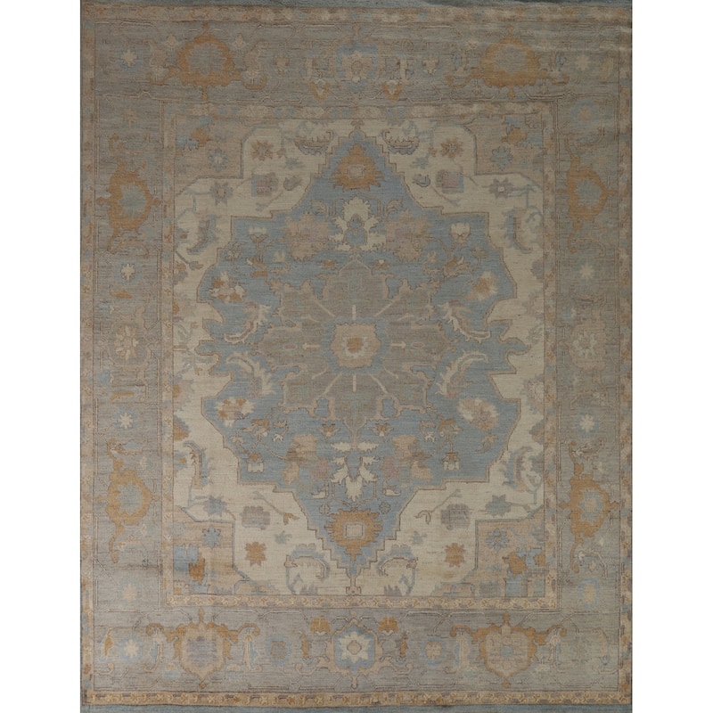 Hand Knotted Oriental 100% Wool Carpet Transitional Floral Navy Blue & Blues Oushak Area Rug - 9' 8'' X 8' 7''