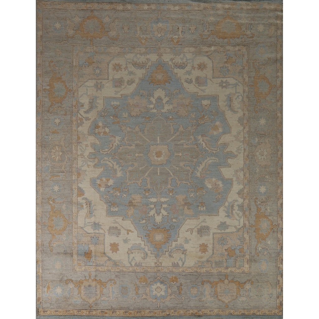 Hand Knotted Oriental 100% Wool Carpet Transitional Floral Navy Blue & Blues Oushak Area Rug - 9' 8'' X 8' 7''