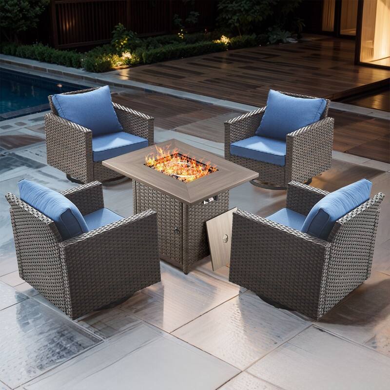 5 Pieces Fire Pit Table with Outdoor Swivel Chairs - Brown Wicker - Blue cushion