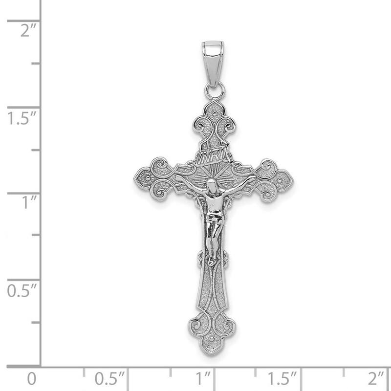 Curata 14k White Gold 18" Textured INRI Crucifix on Fleur de Lis Cross Necklace - 20x43mm