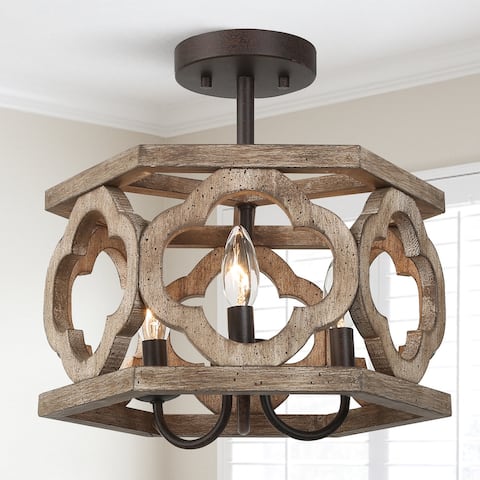 Woodly Farmhouse 3-Light Distressed Wood Cage Drum Semi-Flush Mount Ceiling Lights - 14" D x 9" H