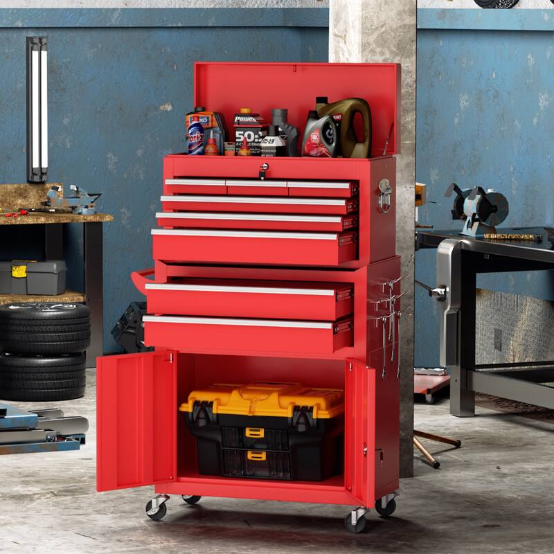 8-Drawer 2 in 1 Rolling Tool Chest Cabinet Garage Storage Toolbox with Detachable Top Tool Box and Universal Lockable Wheels - Red