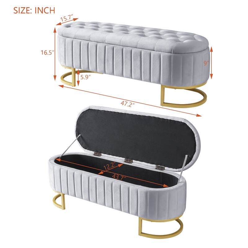 Elegant Velvet Storage Ottoman with Button-Tufted Top, Metal Legs