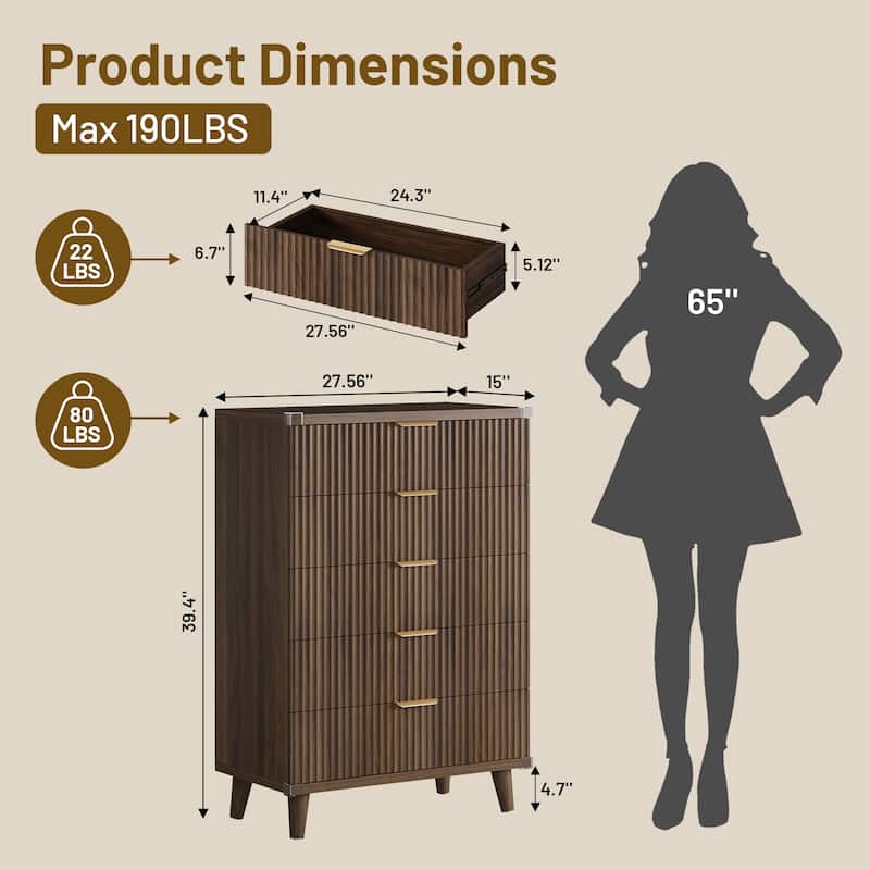 5 Drawer Tall Dresser for Bedroom, Slim Boho Bedroom Furniture