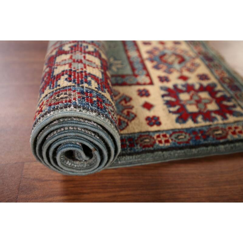 Light Blue Geometric Kazak Accent Rug Hand-Knotted Wool Carpet - 2'7" x 4'3"