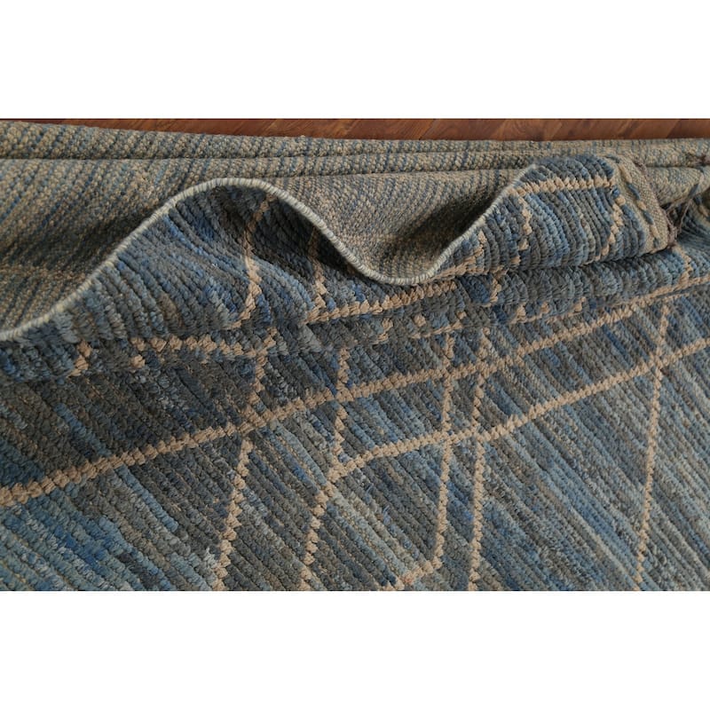 Moroccan Rug Hand-Knotted Blue Abstract Wool Carpet - 7'2"x 10'11"