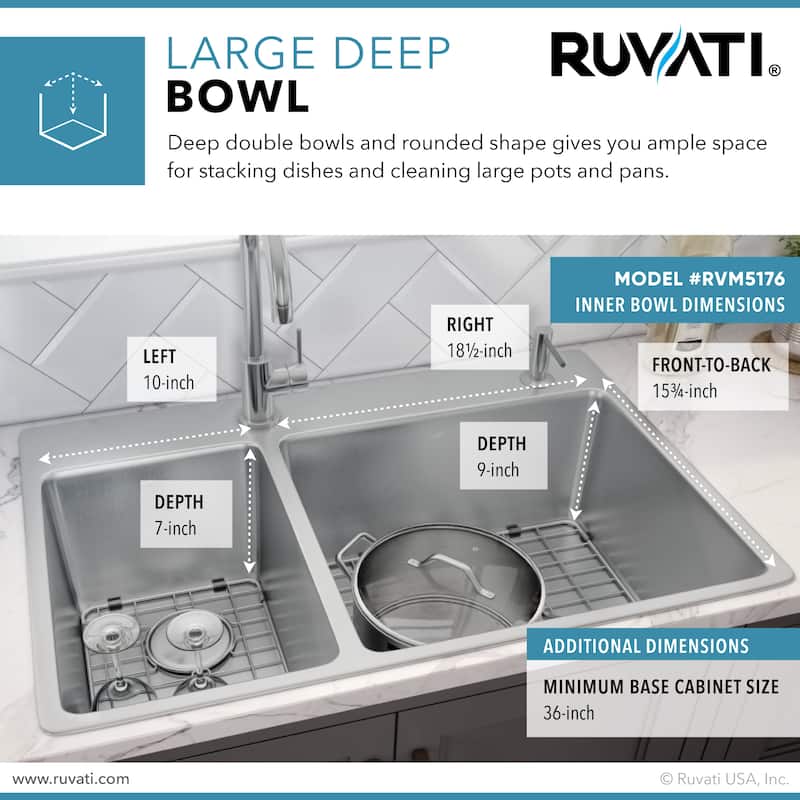 Ruvati 33 x 22 inch Drop-in Topmount Kitchen Sink 16 Gauge Stainless Steel 30/70 Double Bowl - RVM5176 - 8' x 11'