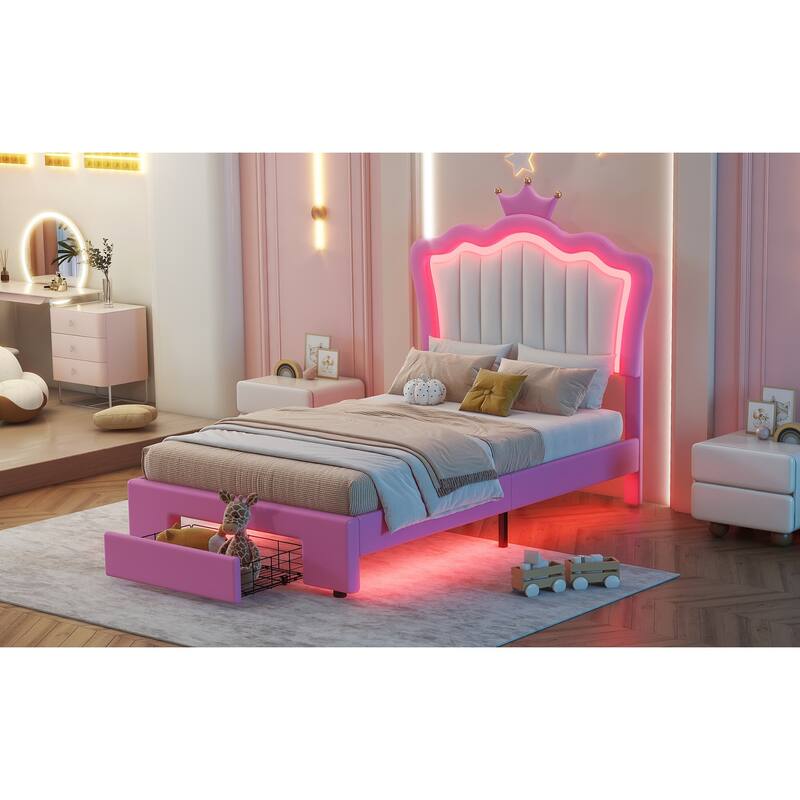 Twin Size Upholstered Bed Frame with LED Lights, Crown Headboard, and Drawer in Pink and White