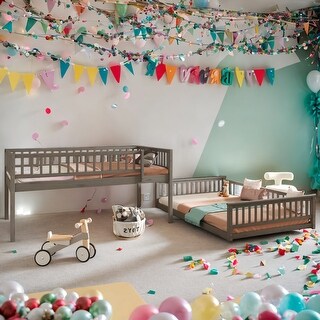 Full XL Over Solid Pine Wood Queen Bunk Kids Bed Frame with Ladder, Guardrails and Detachable Design, Easy Assembly, Grey