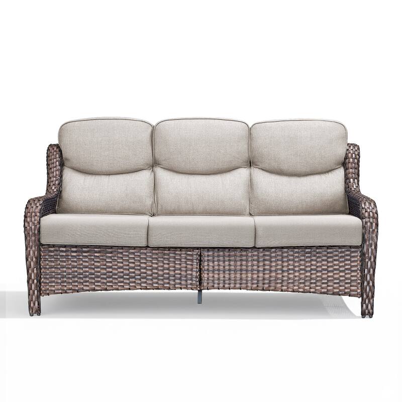 Meyreso Handwoven Wicker Outdoor Patio 3-Seat Sofa with 5-Inch Thick Cushions