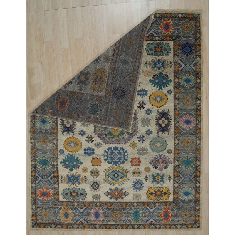 Ivory Gray Hand Knotted Wool Transitional Rug 9' x 12' - Ornamental Medallion 0.5" Pile Stain Resistant - N/A