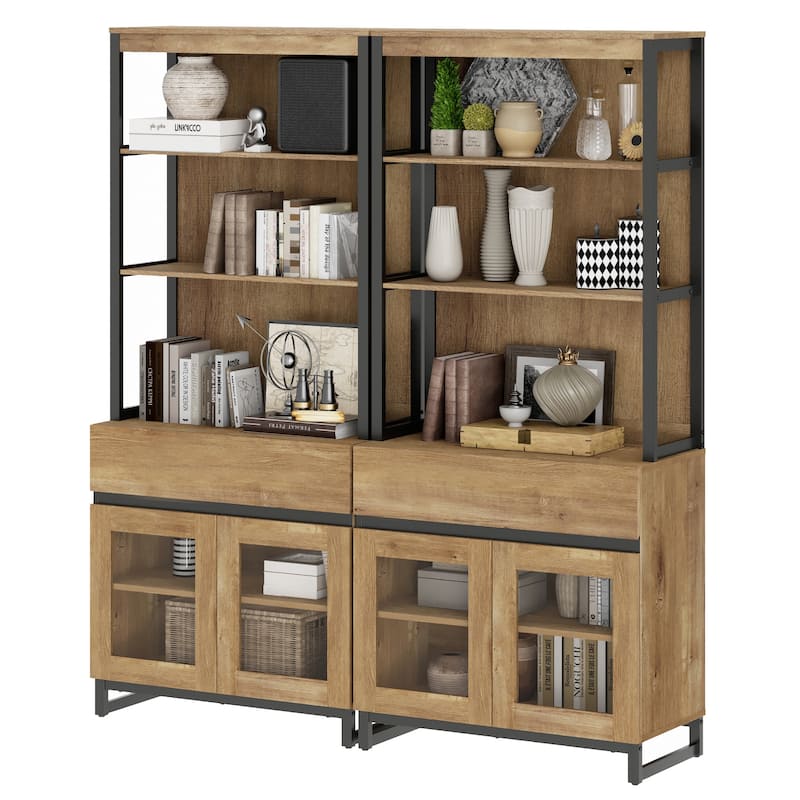 2 PCS Modern 72" Tall Bookcase with 2 Drawers and Open Book Shelfs for Home Office, Living room.