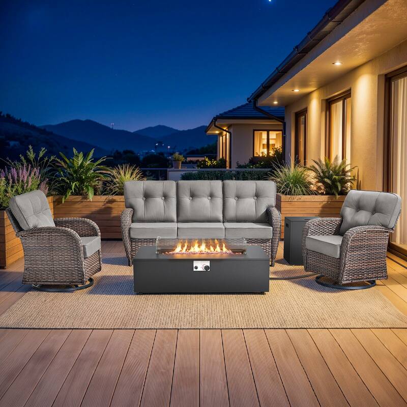 Pocassy 43-In Fire Pit w/ Outdoor Sofa Swivel Chair Ottoman Set - Brown Wicker Gray Cushion - 4PCS Fire Table w/ T-back Sofa Swivel Chair Set