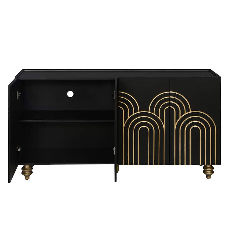 GDFStudio - White Modern Fluted 4-Door Sideboard Buffet with Adjustable Shelves for Kitchen, Dining & Living Room
