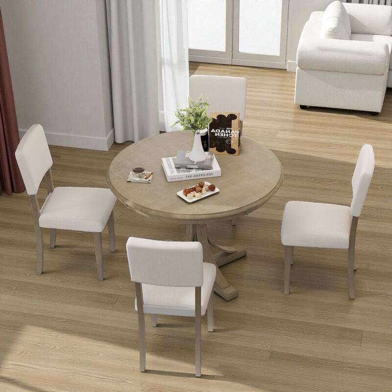 5-Piece Retro Round Dining Table Set, 44" Pedestal Wood Table with Curved Trestle Legs and 4 Upholstered Chairs - Taupe