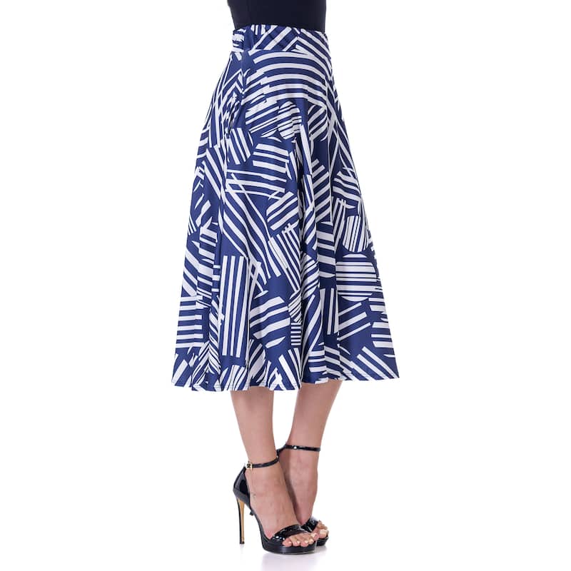 24seven Comfort Apparel Womens Navy Geometric Print Pleated Midi Skirt With Pockets