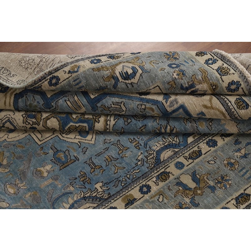 Geometric Blue Tabriz Persian Area Rug Floral Handmade Wool Carpet - 6'7"x 9'6"