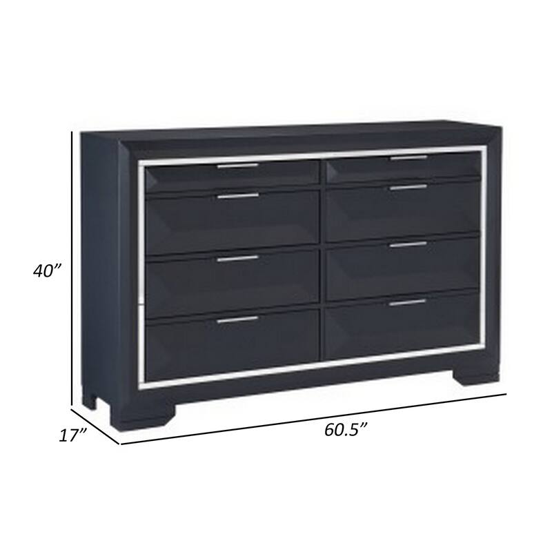 Rosy 60 Inch Dresser, 8 Drawers, Chrome Metal Accents, Midnight Blue Wood