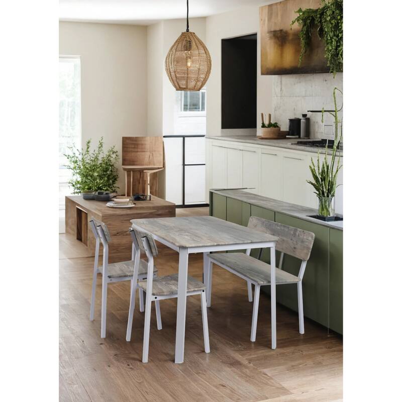 Contemporary 4-Piece Dining Set Featuring Stylish Wood Grain Table, Comfortable Chairs, and a Versatile Bench - Grey+White