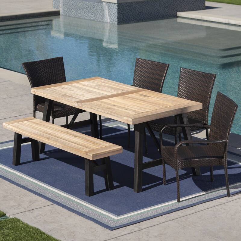 Philippa Outdoor 6 Seater Acacia Wood Dining Set with Wicker Stacking Chairs by Christopher Knight Home