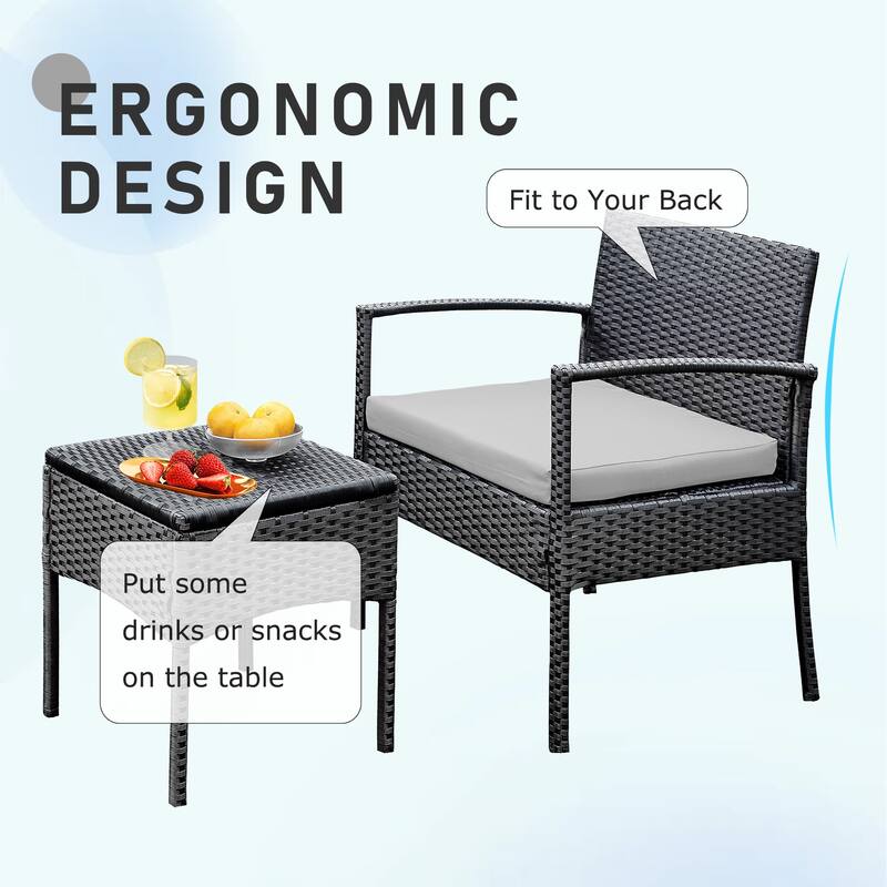 Outdoor Furniture 3 Piece Patio Bistro Furniture Set, Rattan Conversation Chairs Set with Side Table and Cushions