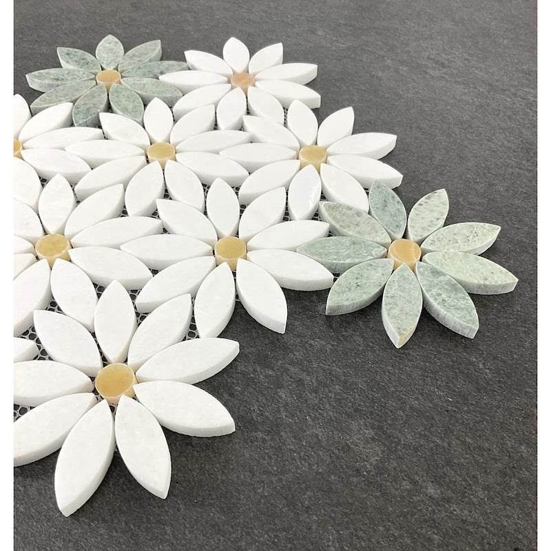 Natural Marble Daisy Flower Pattern Mosaic Wall & Floor Tile - 1 Case (10 Sheets)