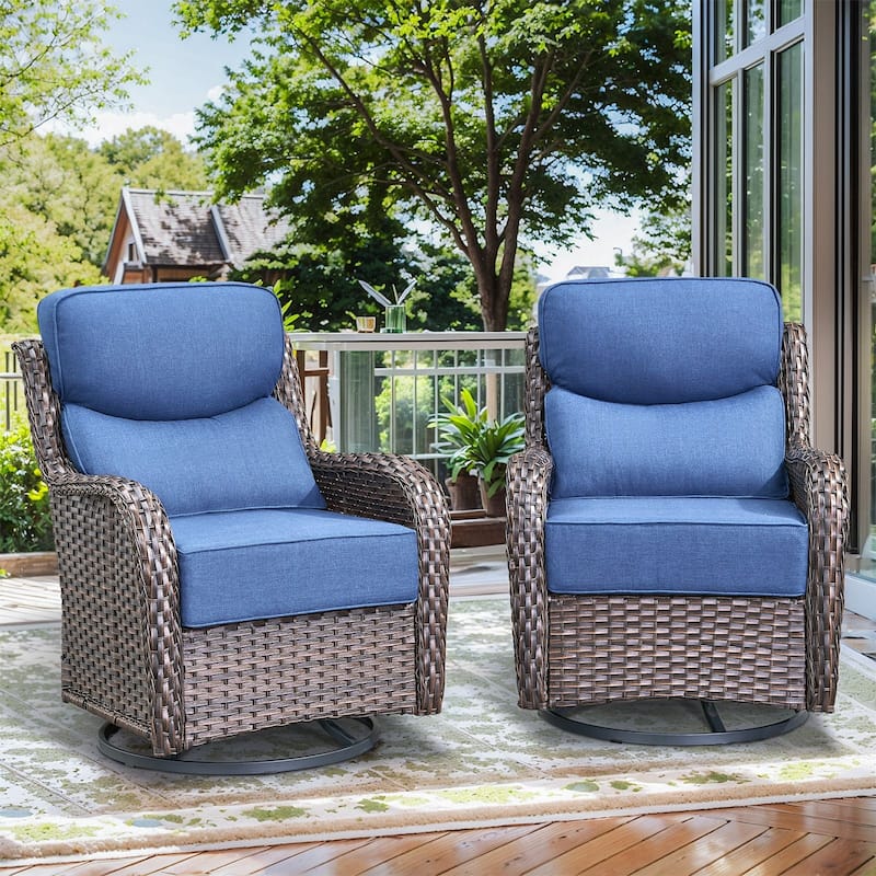 Outdoor Swivel Chairs with 6-Inch Thick Cushions for Garden - Brwon Wicker Blue Cushion - 2PCS Swivel Chair