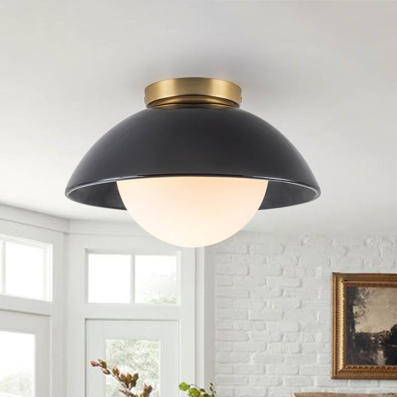 Modern 1-Light Dome Ceramic Semi Flush Mount With Glass Shade - N/A - Black & Brass