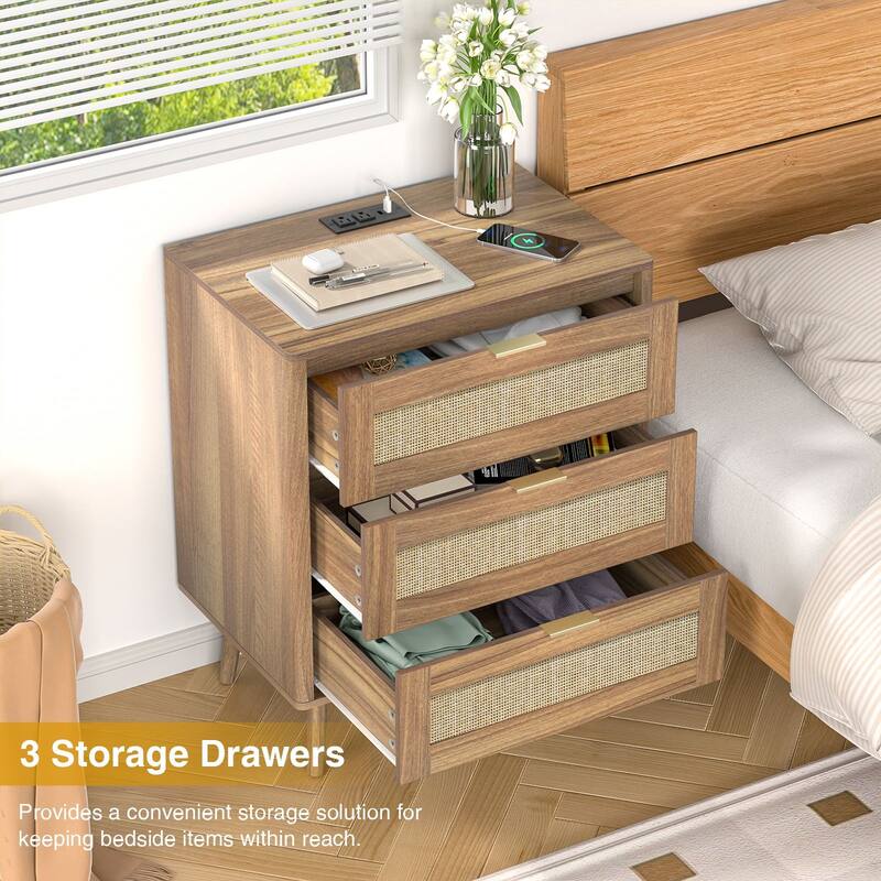 3-Drawer Rattan Dresser - Modern Boho Chest with Natural Accents, Smooth Drawers & Bedroom Storage